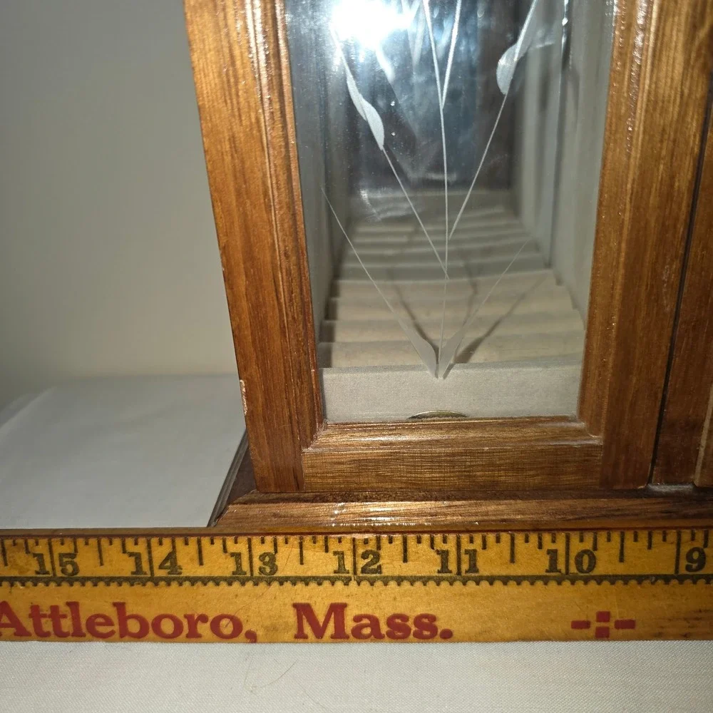 Vtg Wooden Jewelry Armoire Box 5 Drawers Etched Glass Doors Necklace Carousel